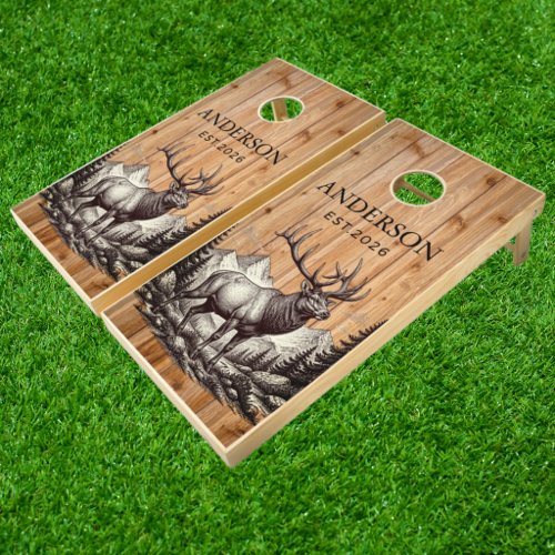 Rustic Deer Forest Monogrammed Wood Cornhole Set