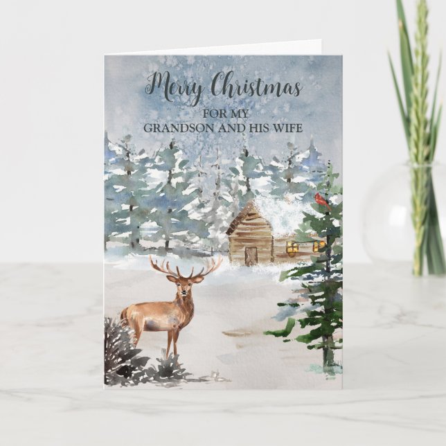 Rustic Deer Grandson and Wife Christmas Card (Front)