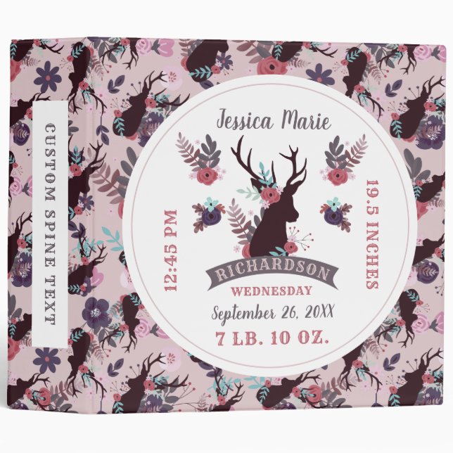 Rustic Deer Head Baby Book Girls Birth Stats Album 3 Ring Binder (Front/Spine)