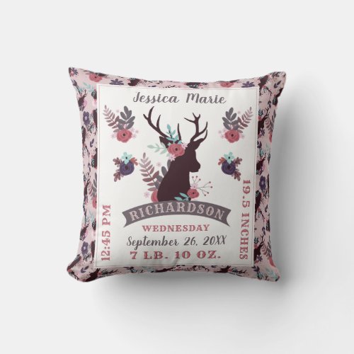 Rustic Deer Head Baby Girl Birth Record Stats Throw Pillow