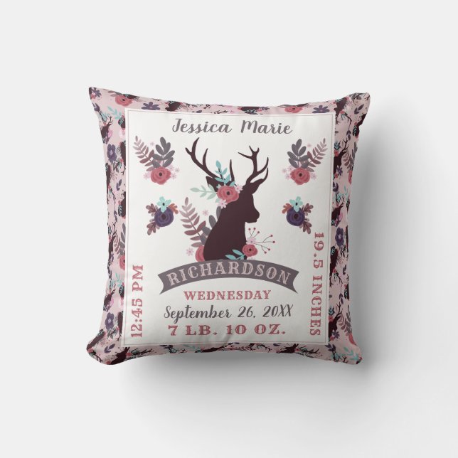 Rustic Deer Head Baby Girl Birth Record Stats Throw Pillow (Front)