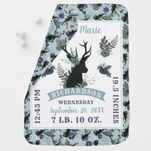 Rustic Deer Head Blue Baby Girl Birth Record Stats Blanket