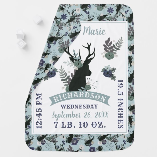 Rustic Deer Head Blue Baby Girl Birth Record Stats Blanket (In Situ)