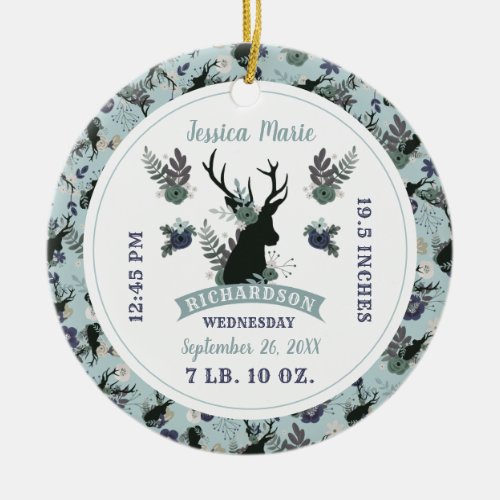 Rustic Deer Head Blue Baby Girl Birth Record Stats Ceramic Ornament