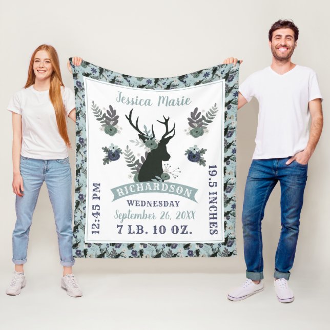 Rustic Deer Head Blue Baby Girl Birth Record Stats Fleece Blanket (In Situ)