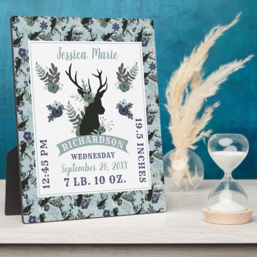 Rustic Deer Head Blue Baby Girl Birth Record Stats Plaque