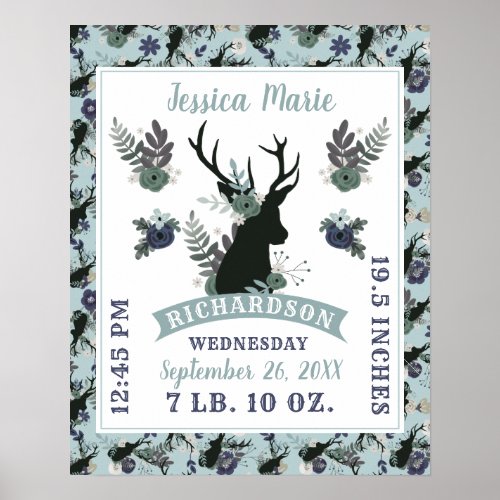 Rustic Deer Head Blue Baby Girl Birth Record Stats Poster