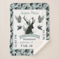 Rustic Deer Head Blue Baby Girl Birth Record Stats Sherpa Blanket