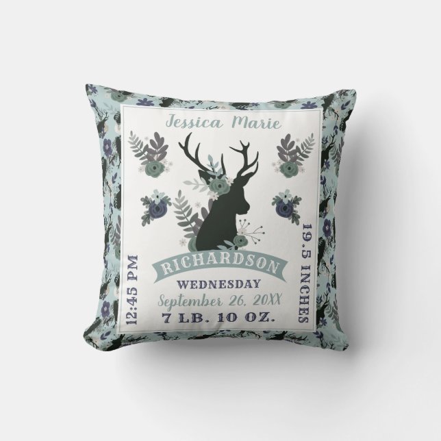 Rustic Deer Head Blue Baby Girl Birth Record Stats Throw Pillow (Front)