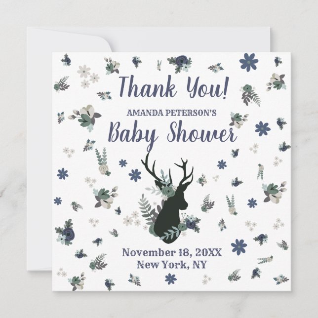 Rustic Deer Head Blue Floral Baby Shower Thank You (Front)