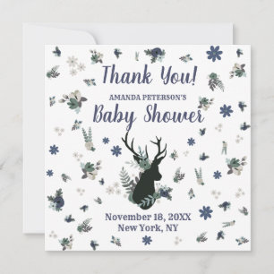 Rustic Deer Head Blue Floral Baby Shower Thank You Card
