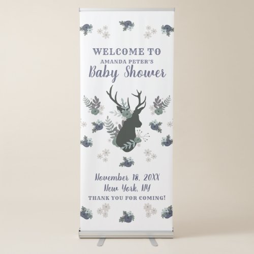 Rustic Deer Head Blue Floral Baby Shower Welcome Retractable Banner