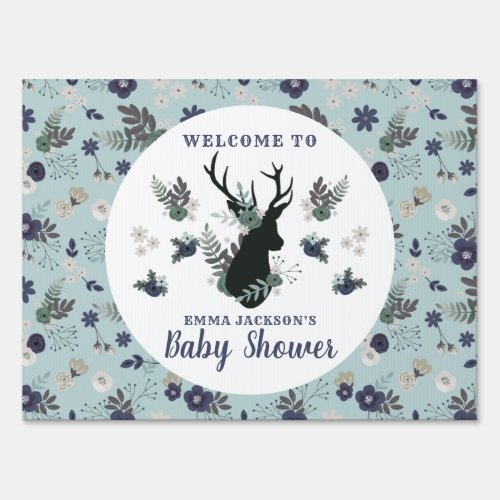 Rustic Deer Head Blue Floral Baby Shower Welcome Sign