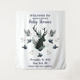 Rustic Deer Head Blue Floral Baby Shower Welcome Tapestry
