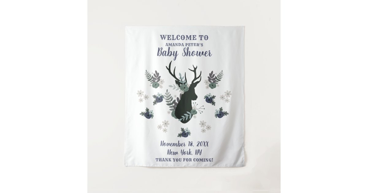 Rustic Deer Head Blue Floral Baby Shower Welcome Tapestry Zazzle Com