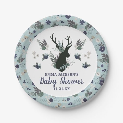 Rustic Deer Head Blue Floral Girl Baby Shower Paper Plates