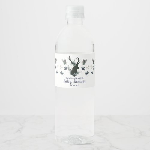 Rustic Deer Head Blue Floral Girl Baby Shower Water Bottle Label