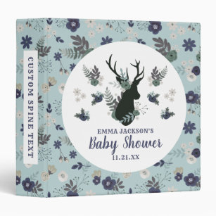 Rustic Deer Head Blue Floral Modern Baby Shower 3 Ring Binder