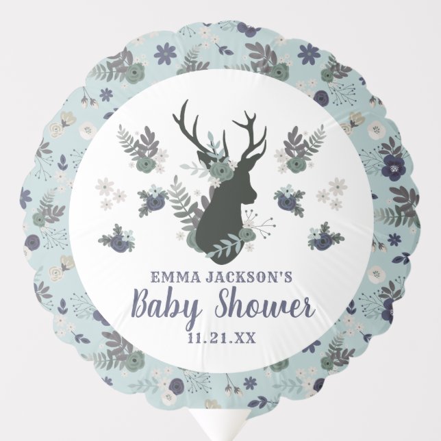 Rustic Deer Head Blue Floral Modern Baby Shower Balloon (Front)
