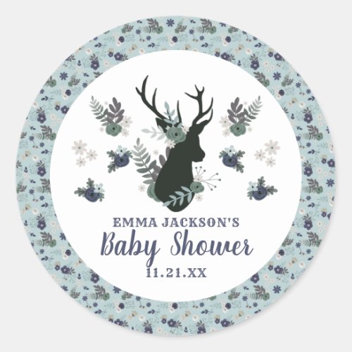 Rustic Deer Head Blue Floral Modern Baby Shower Classic Round Sticker