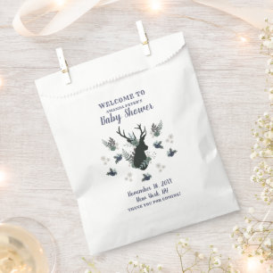 Rustic Deer Head Blue Floral Modern Baby Shower Favor Bag