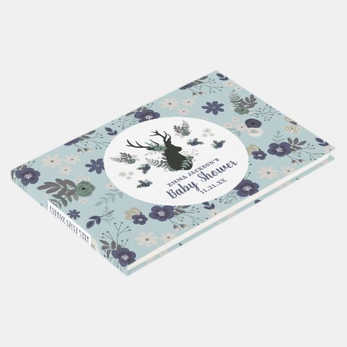 Rustic Deer Head Blue Floral Modern Baby Shower Guest Book