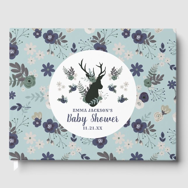 Rustic Deer Head Blue Floral Modern Baby Shower Guest Book (Front)