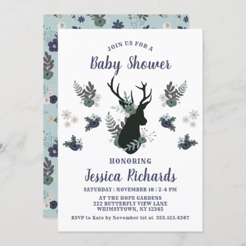 Rustic Deer Head Blue Floral Modern Baby Shower Invitation