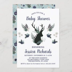 Rustic Deer Head Blue Floral Modern Baby Shower Invitation