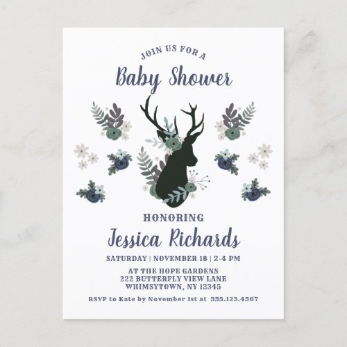 Rustic Deer Head Blue Floral Modern Baby Shower Invitation Postcard