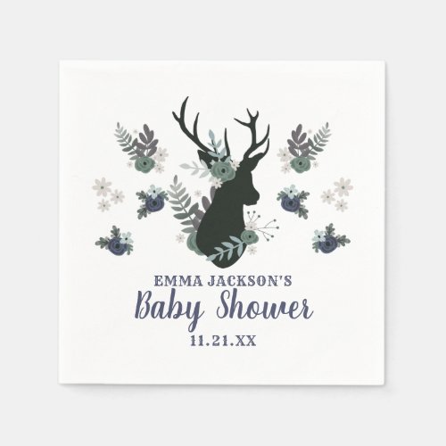 Rustic Deer Head Blue Floral Modern Baby Shower Napkins