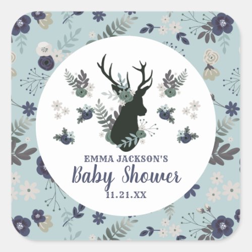 Rustic Deer Head Blue Floral Modern Baby Shower Square Sticker