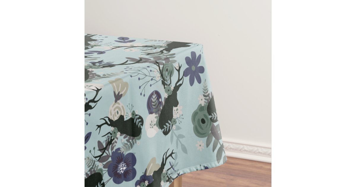 Rustic Deer Head Blue Floral Modern Baby Shower Tablecloth