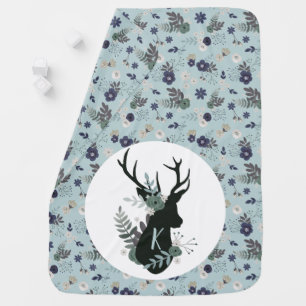 Rustic Deer Head Blue Floral Monogram Initial Baby Blanket