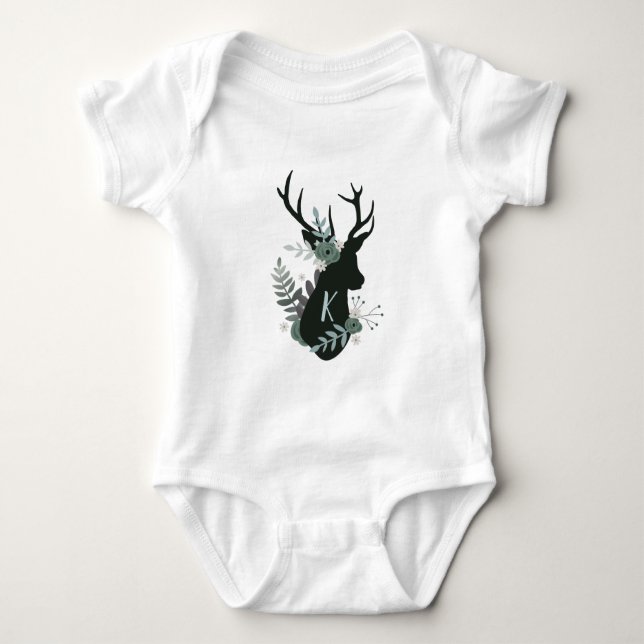 Rustic Deer Head Blue Floral Monogram Initial Baby Bodysuit (Front)