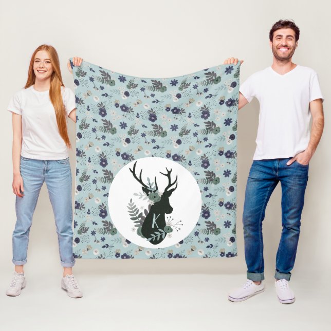 Rustic Deer Head Blue Floral Monogram Initial Fleece Blanket (In Situ)