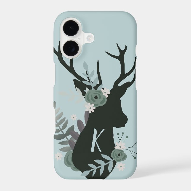 Rustic Deer Head Blue Floral Monogram Initial Iphone Case (Back)