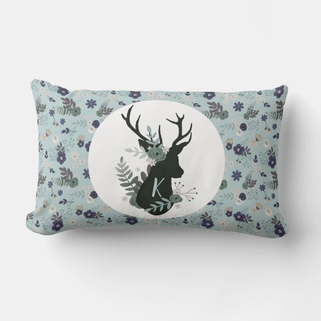 Rustic Deer Head Blue Floral Monogram Initial Lumbar Pillow (Front)