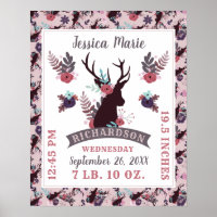 Rustic Deer Head Chic Baby Girl Birth Record Stats Poster