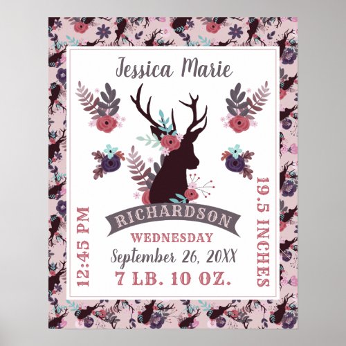 Rustic Deer Head Chic Baby Girl Birth Record Stats Poster
