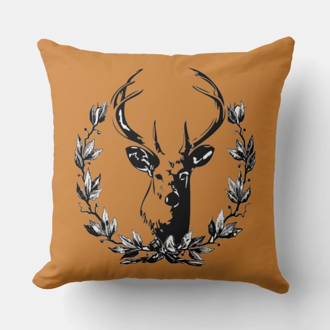 Rustic Deer Head in Laurel Leaves On Bronze Brown Throw Pillow (Front)