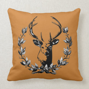 Rustic Deer Head in Laurel Leaves On Bronze Brown Throw Pillow