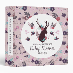 Rustic Deer Head Mauve Floral Girl Baby Shower 3 Ring Binder