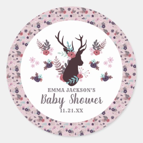 Rustic Deer Head Mauve Floral Girl Baby Shower Classic Round Sticker