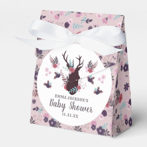 Rustic Deer Head Mauve Floral Girl Baby Shower Favor Boxes