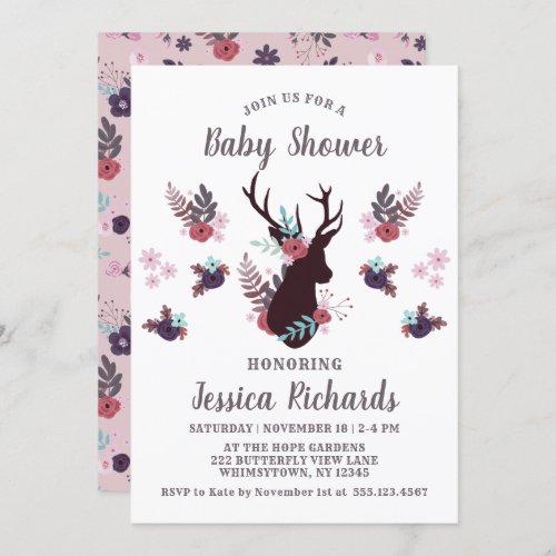 Rustic Deer Head Mauve Floral Girl Baby Shower Invitation