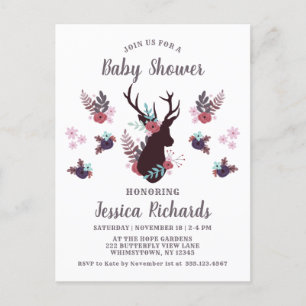 Rustic Deer Head Mauve Floral Girl Baby Shower Invitation Postcard