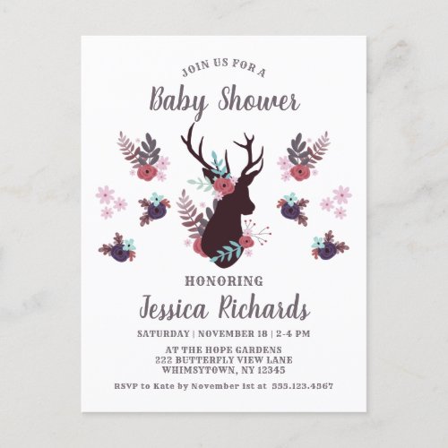 Rustic Deer Head Mauve Floral Girl Baby Shower Invitation Postcard