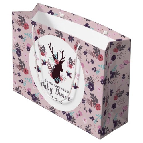 Rustic Deer Head Mauve Floral Girl Baby Shower Large Gift Bag