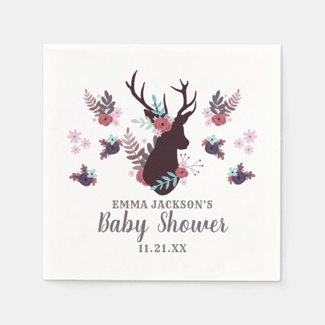Rustic Deer Head Mauve Floral Girl Baby Shower Napkins (Front)